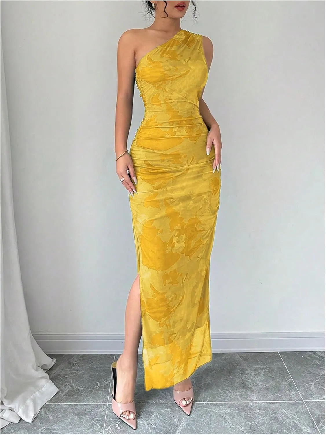 Milumia Women's Printed One Shoulder Bodycon Dresses Sleeveless Asymmetrical Neck Ruched Slit Maxi Dress