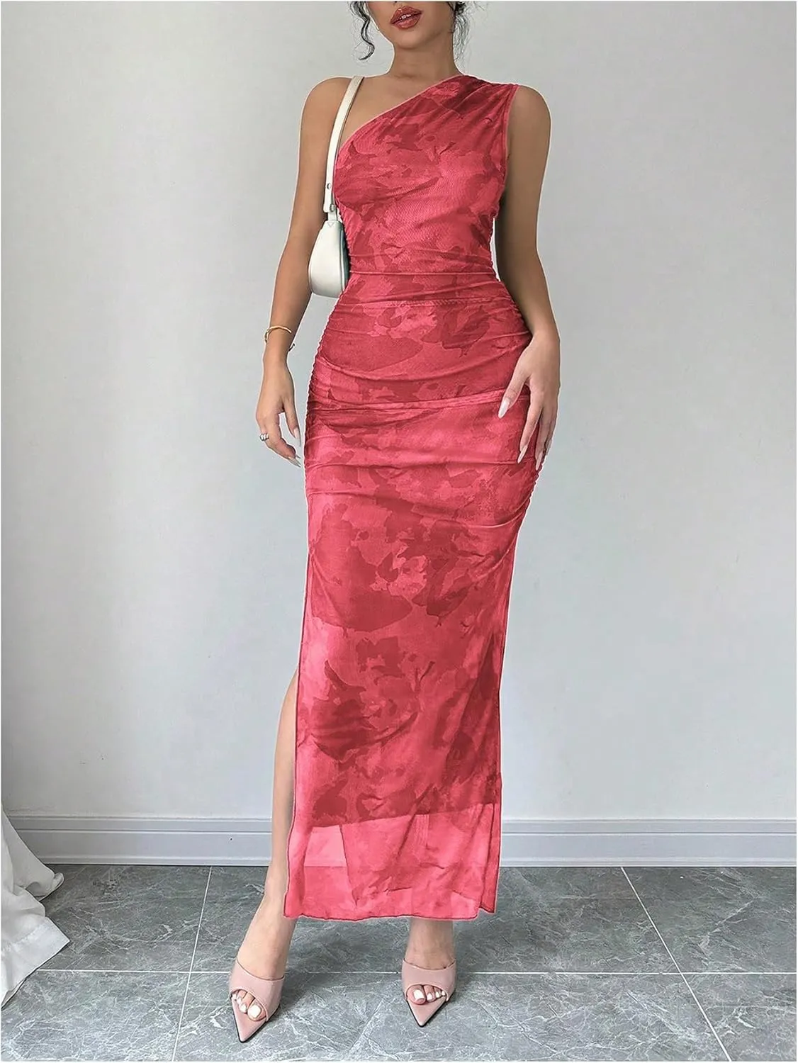Milumia Women's Printed One Shoulder Bodycon Dresses Sleeveless Asymmetrical Neck Ruched Slit Maxi Dress