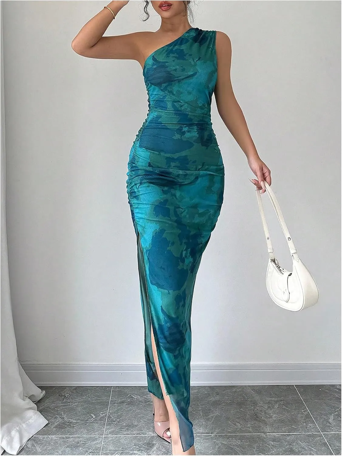 Milumia Women's Printed One Shoulder Bodycon Dresses Sleeveless Asymmetrical Neck Ruched Slit Maxi Dress