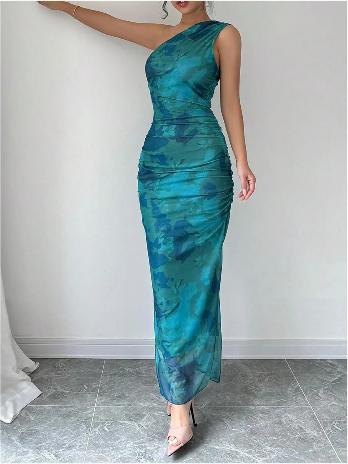 Milumia Women's Printed One Shoulder Bodycon Dresses Sleeveless Asymmetrical Neck Ruched Slit Maxi Dress