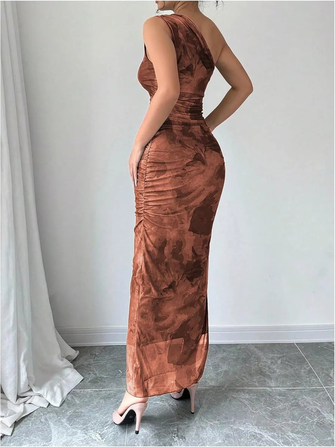 Milumia Women's Printed One Shoulder Bodycon Dresses Sleeveless Asymmetrical Neck Ruched Slit Maxi Dress