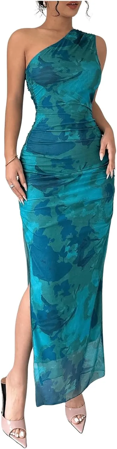Milumia Women's Printed One Shoulder Bodycon Dresses Sleeveless Asymmetrical Neck Ruched Slit Maxi Dress