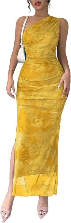 Milumia Women's Printed One Shoulder Bodycon Dresses Sleeveless Asymmetrical Neck Ruched Slit Maxi Dress