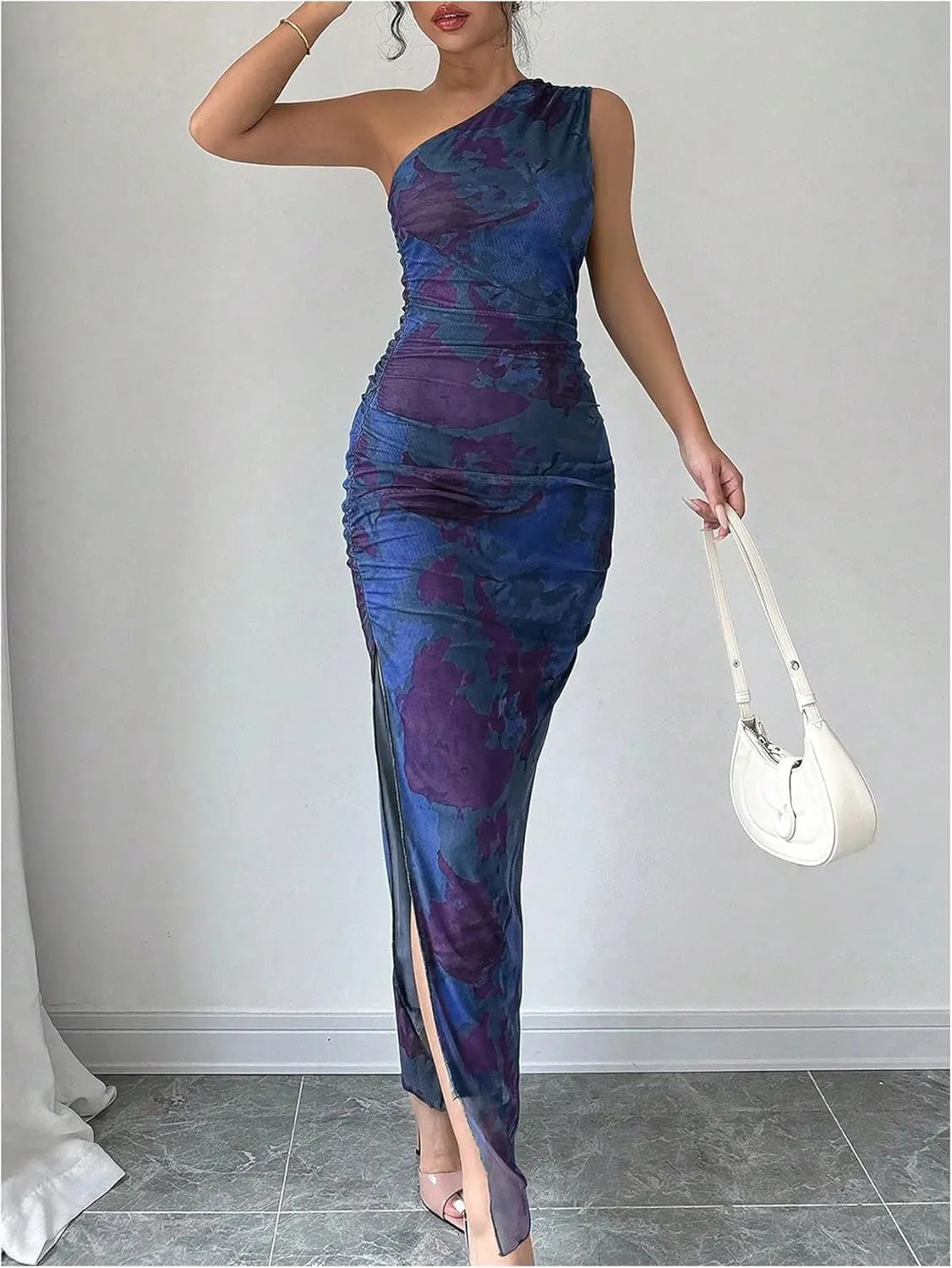 Milumia Women's Printed One Shoulder Bodycon Dresses Sleeveless Asymmetrical Neck Ruched Slit Maxi Dress