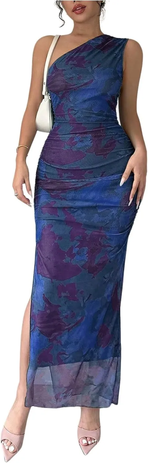 Milumia Women's Printed One Shoulder Bodycon Dresses Sleeveless Asymmetrical Neck Ruched Slit Maxi Dress