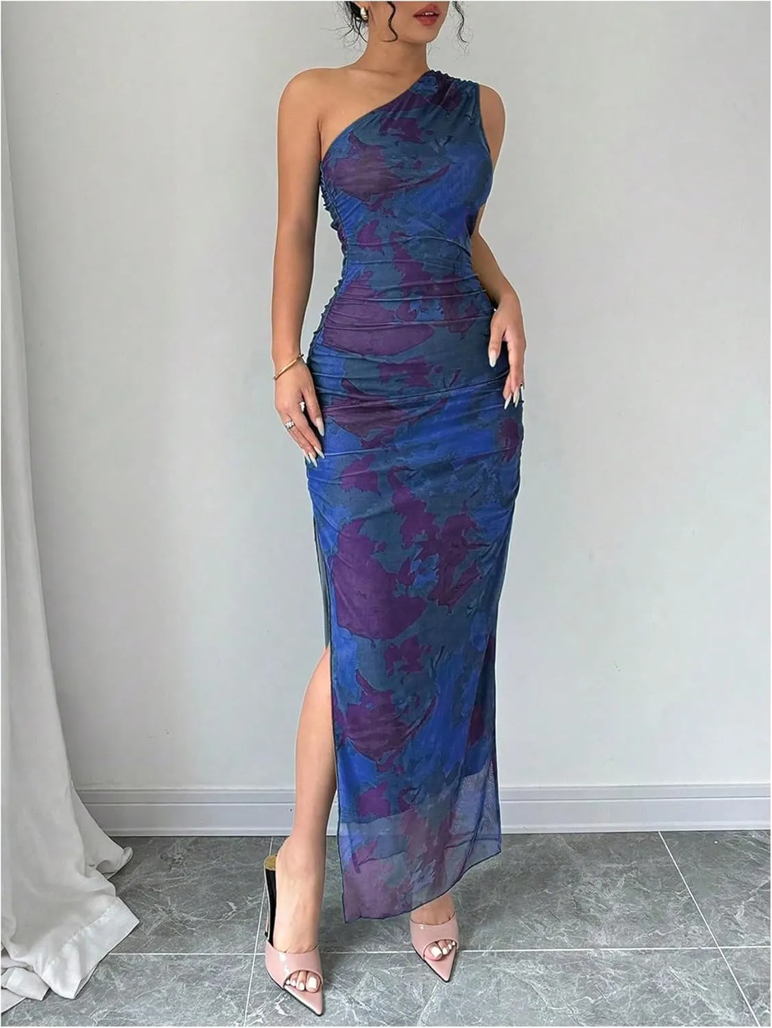 Milumia Women's Printed One Shoulder Bodycon Dresses Sleeveless Asymmetrical Neck Ruched Slit Maxi Dress