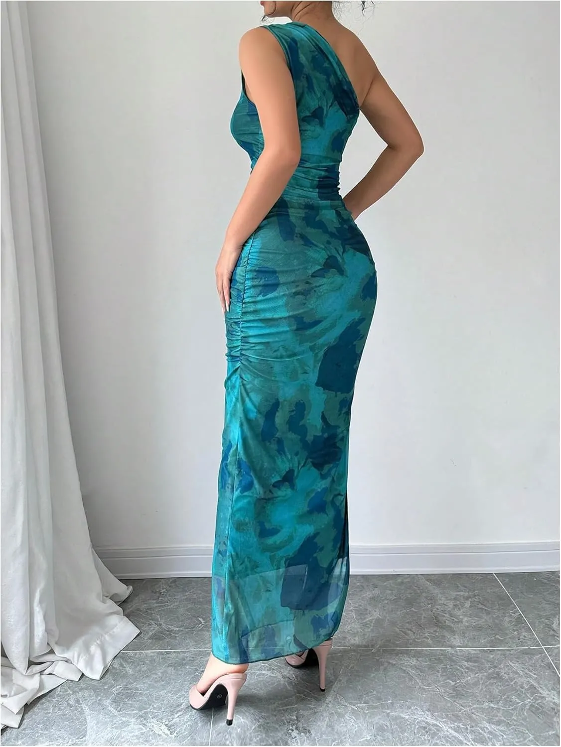 Milumia Women's Printed One Shoulder Bodycon Dresses Sleeveless Asymmetrical Neck Ruched Slit Maxi Dress