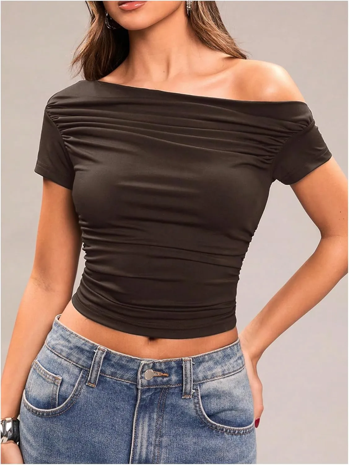 Milumia Women's Short Sleeve One Off The Shoulder Crop Tank Top Ruched Going Out Y2k Tight Fitted Shirts