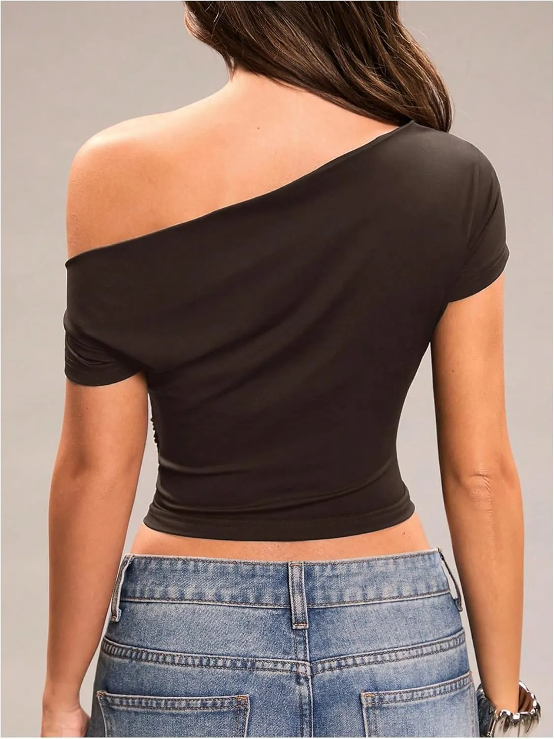 Milumia Women's Short Sleeve One Off The Shoulder Crop Tank Top Ruched Going Out Y2k Tight Fitted Shirts
