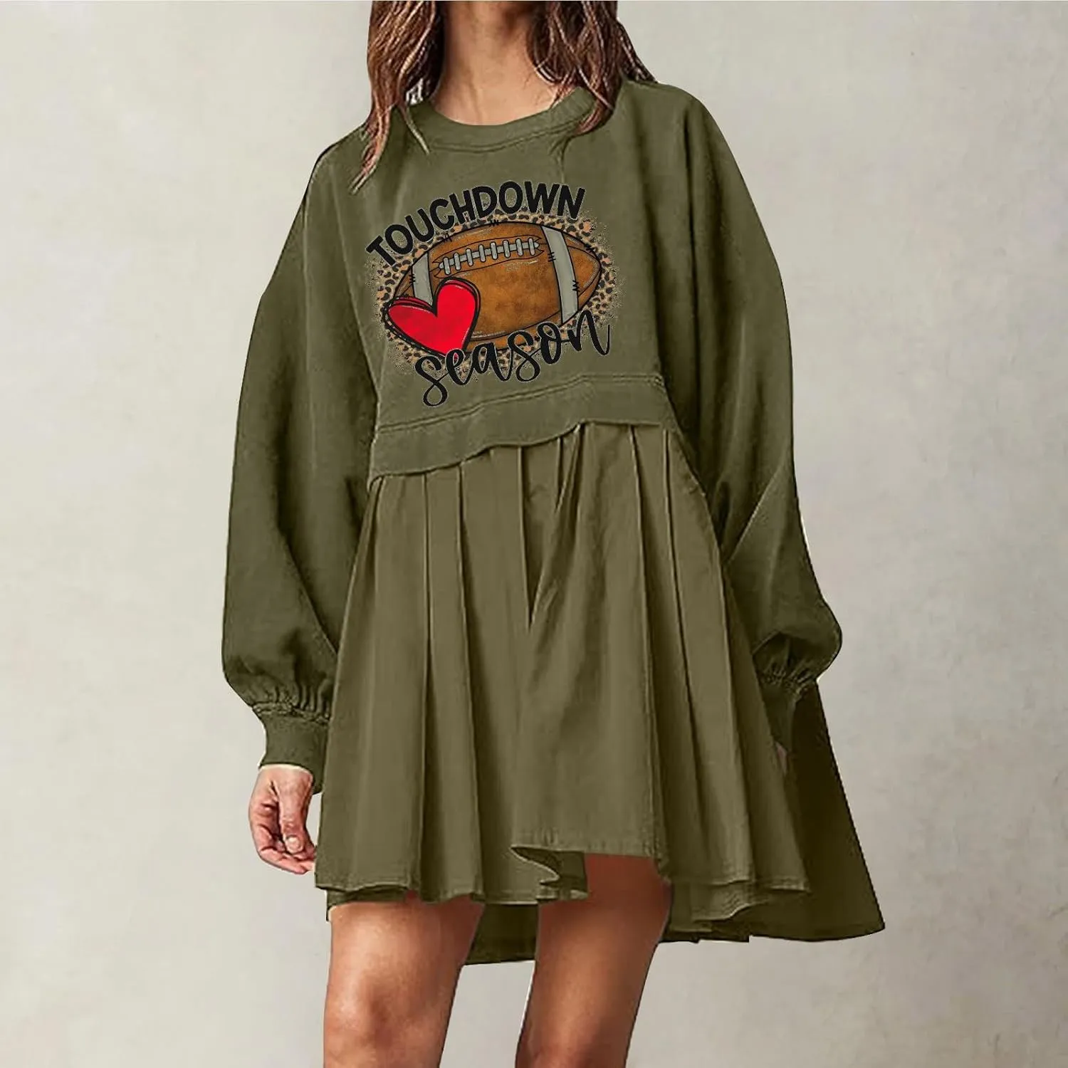 Mini Dresses for Women Long Sleeve Crewneck Patchwork Sweatshirt Dress Funny Print Graphic Tee Shirts Pullover Dress
