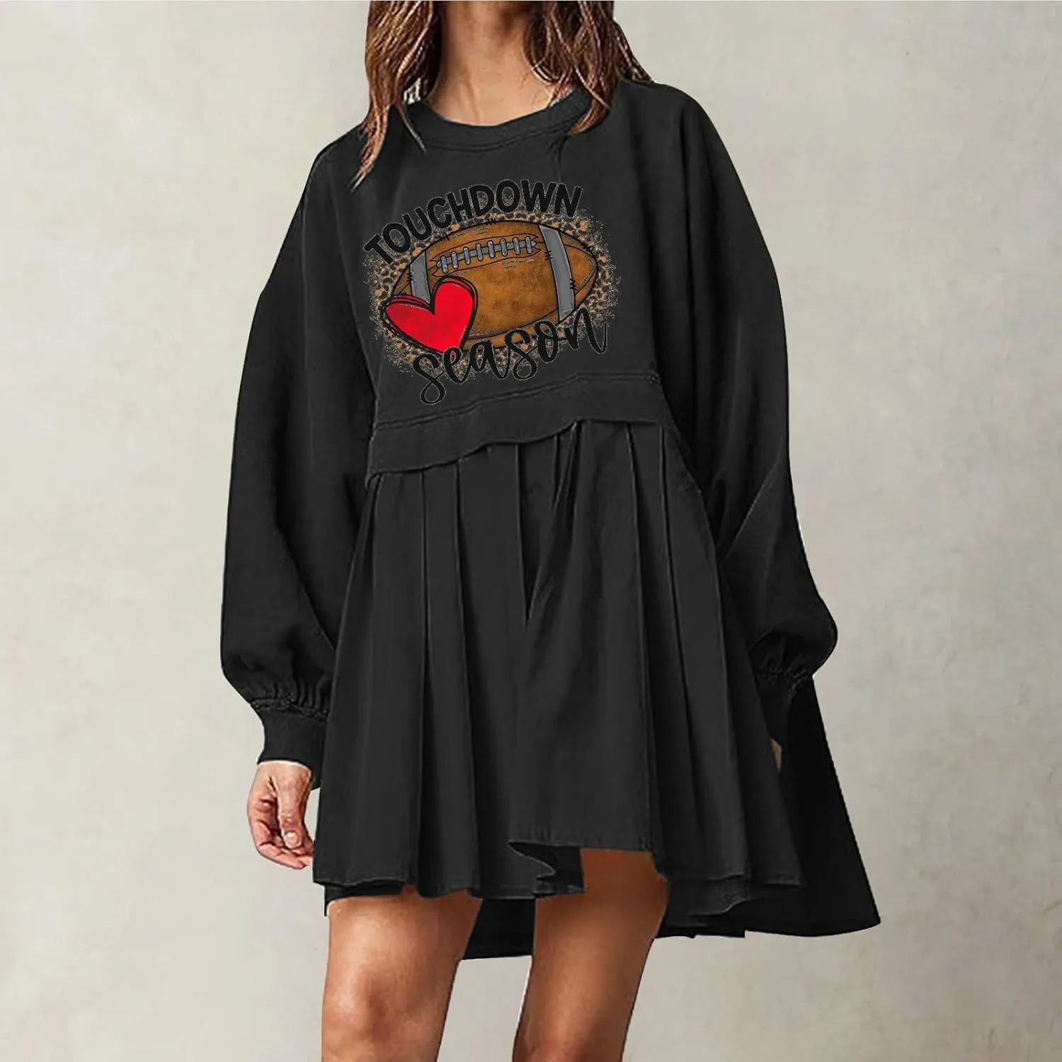 Mini Dresses for Women Long Sleeve Crewneck Patchwork Sweatshirt Dress Funny Print Graphic Tee Shirts Pullover Dress