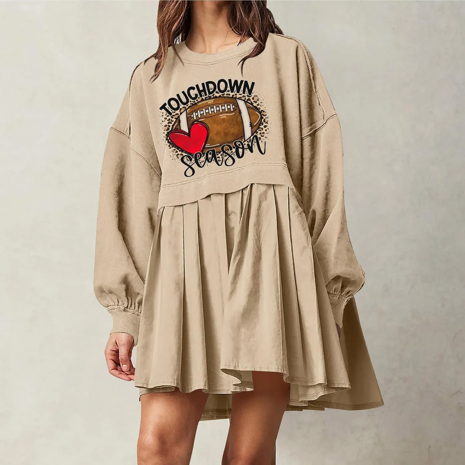 Mini Dresses for Women Long Sleeve Crewneck Patchwork Sweatshirt Dress Funny Print Graphic Tee Shirts Pullover Dress