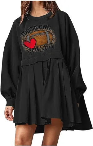 Mini Dresses for Women Long Sleeve Crewneck Patchwork Sweatshirt Dress Funny Print Graphic Tee Shirts Pullover Dress