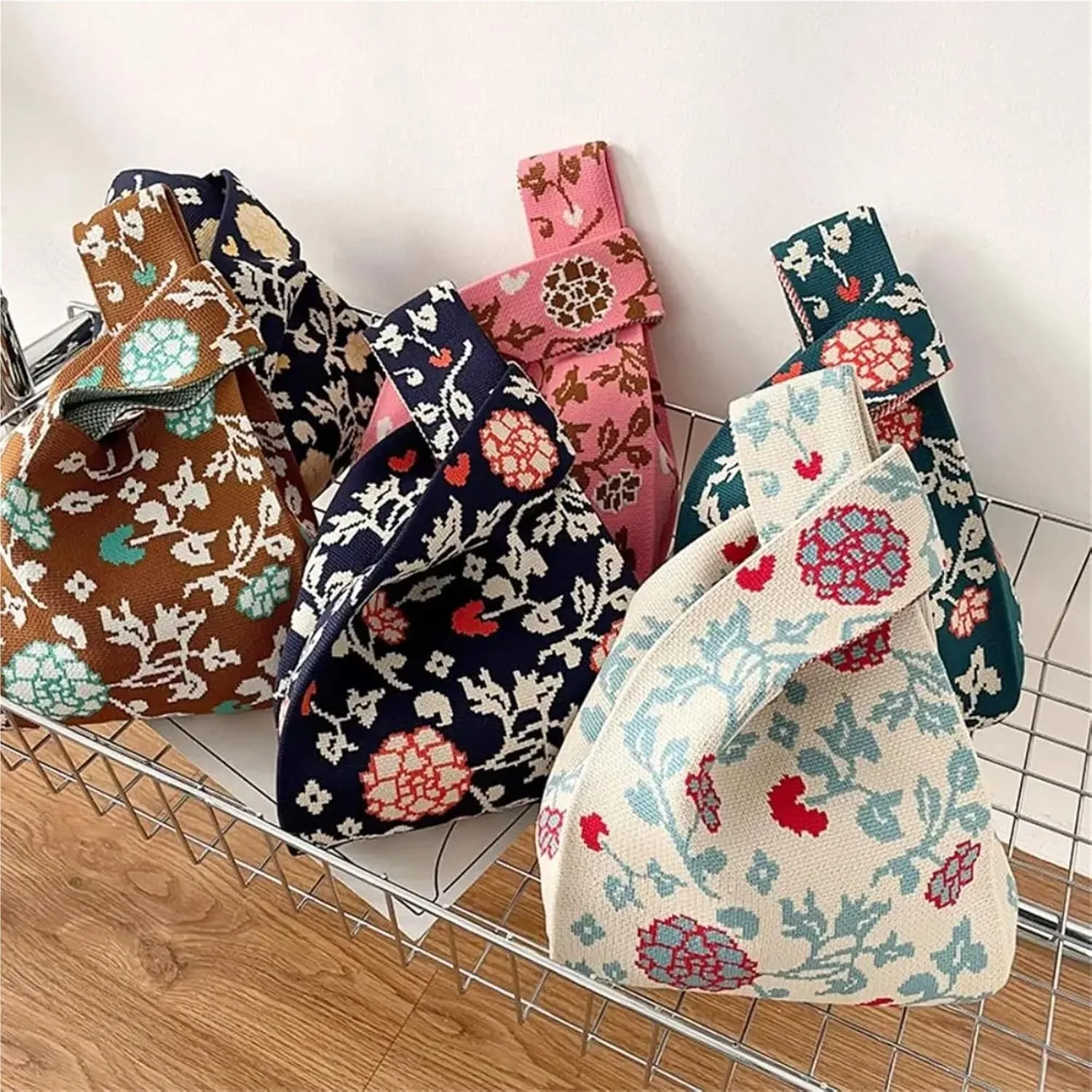 Mini Women Girls Shoulder Bag Tote Bag Knot Wrist Bag Handmade Knit Handbag