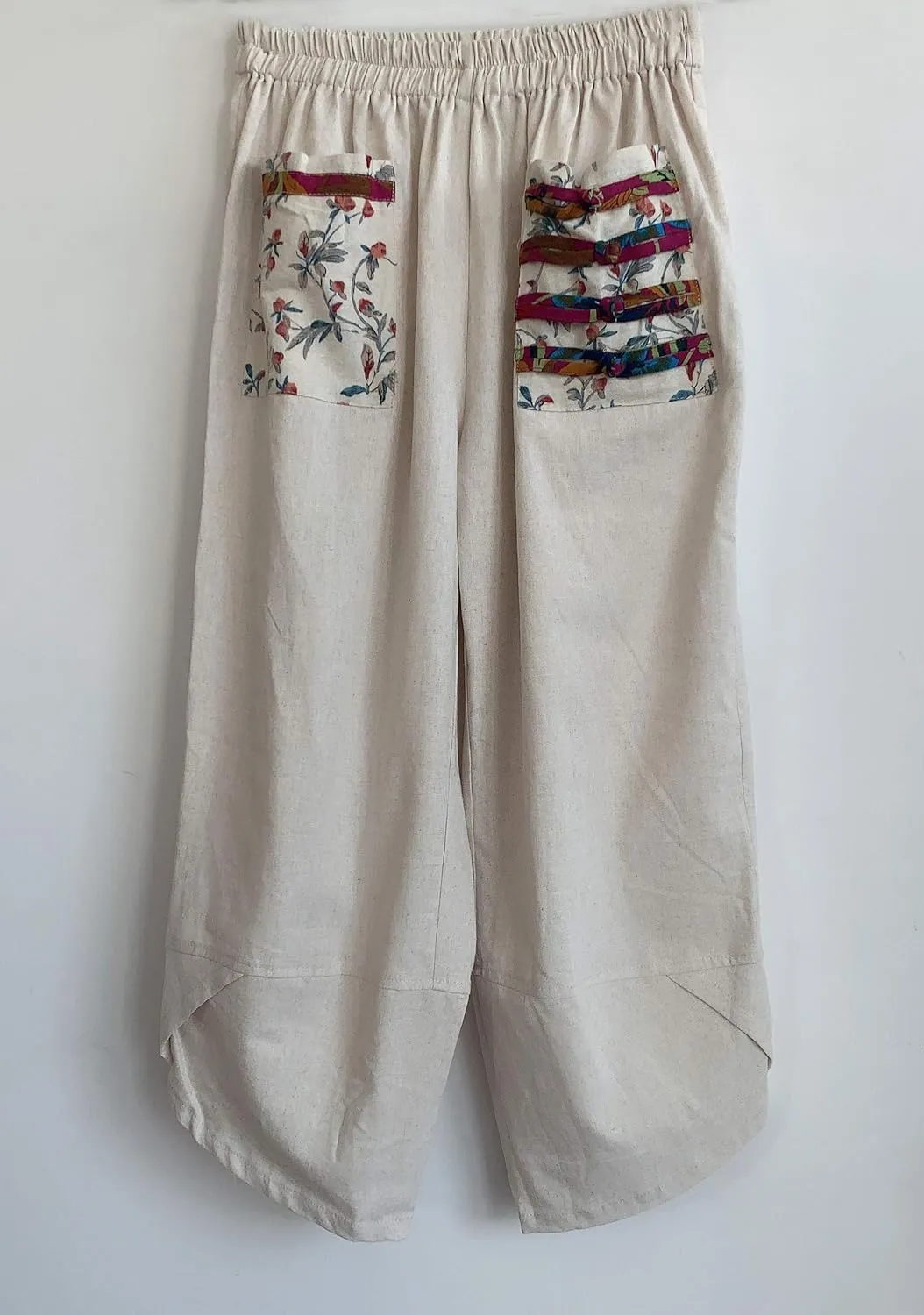 Minibee Women's Baggy Linen Wide Leg Trousers Casual Patchwork Elastic Waist Harem Pants