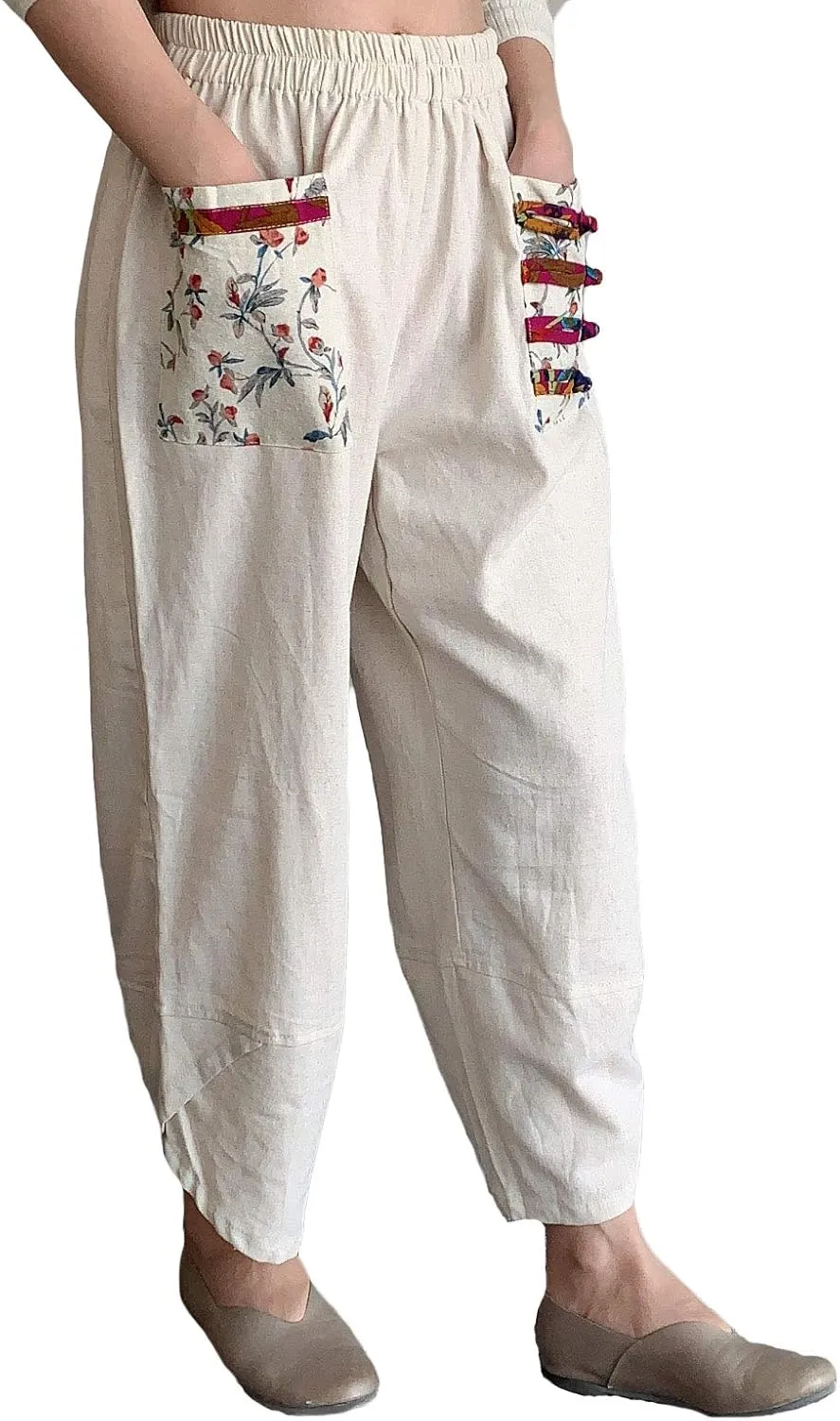Minibee Women's Baggy Linen Wide Leg Trousers Casual Patchwork Elastic Waist Harem Pants