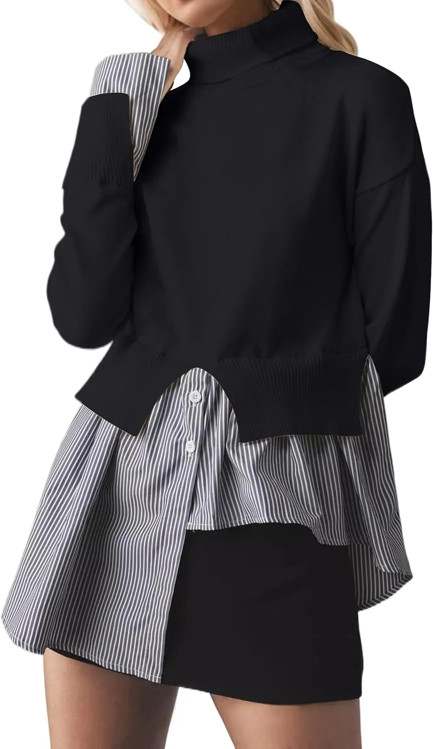 MISSACTIVER Women Slit Turtleneck Patchwork Sweater 2 in 1 Buttons Down Pullover Knit Sweater Asymmetrical Hem Shirt Top