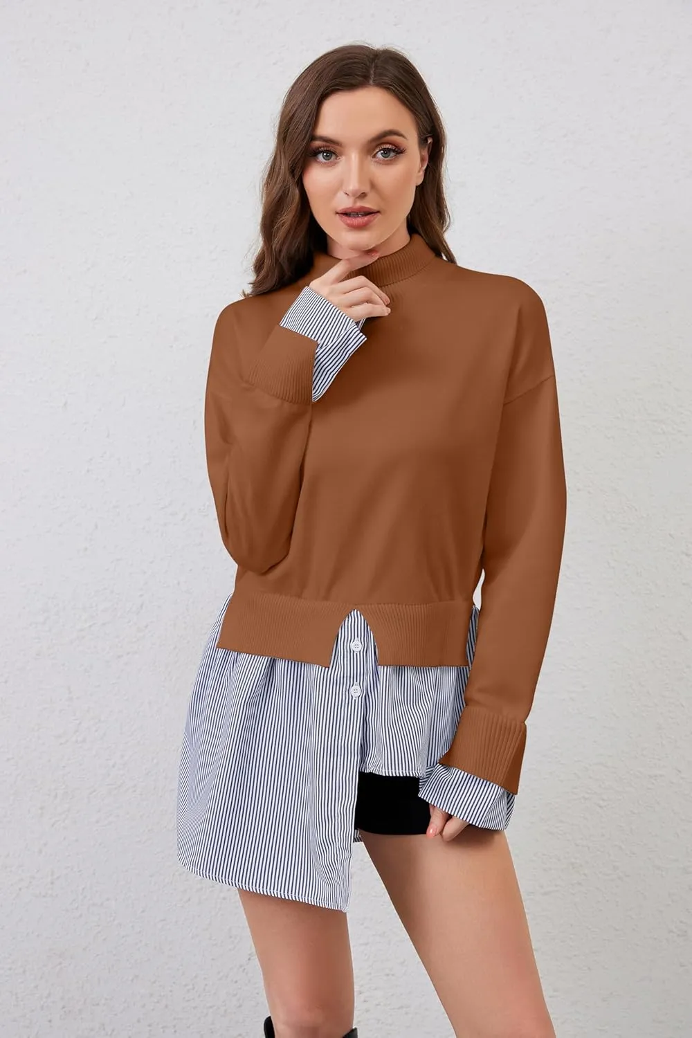 MISSACTIVER Women Slit Turtleneck Patchwork Sweater 2 in 1 Buttons Down Pullover Knit Sweater Asymmetrical Hem Shirt Top