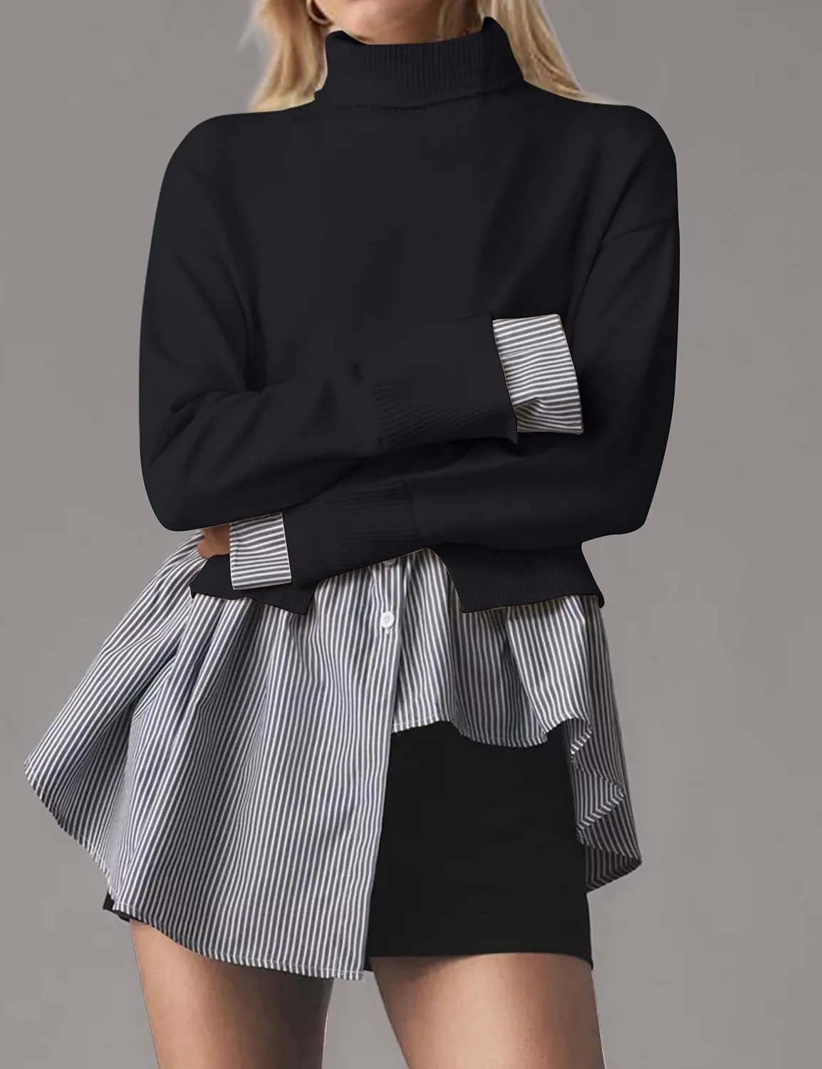 MISSACTIVER Women Slit Turtleneck Patchwork Sweater 2 in 1 Buttons Down Pullover Knit Sweater Asymmetrical Hem Shirt Top
