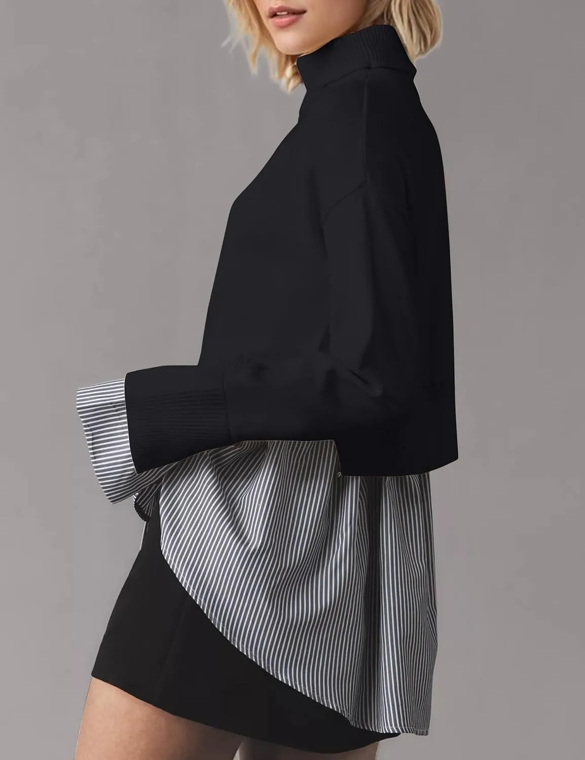 MISSACTIVER Women Slit Turtleneck Patchwork Sweater 2 in 1 Buttons Down Pullover Knit Sweater Asymmetrical Hem Shirt Top