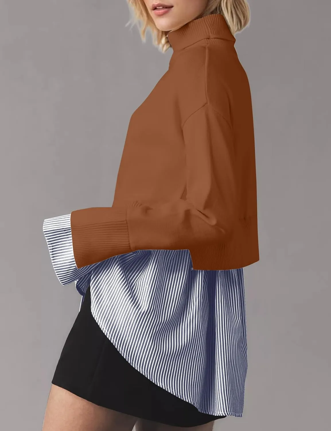 MISSACTIVER Women Slit Turtleneck Patchwork Sweater 2 in 1 Buttons Down Pullover Knit Sweater Asymmetrical Hem Shirt Top