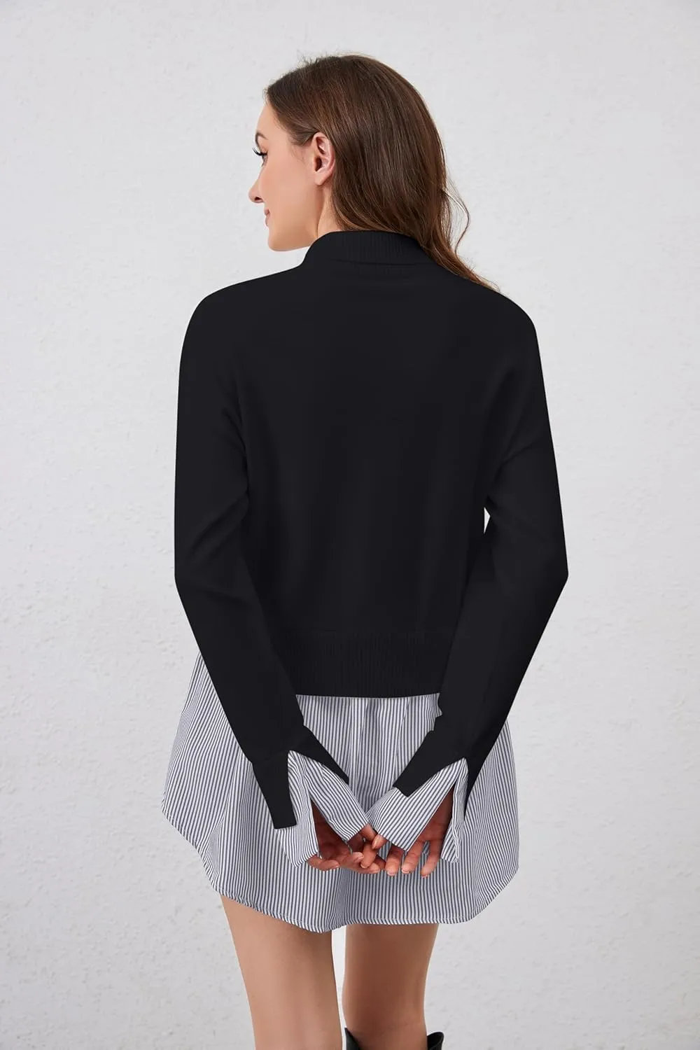MISSACTIVER Women Slit Turtleneck Patchwork Sweater 2 in 1 Buttons Down Pullover Knit Sweater Asymmetrical Hem Shirt Top