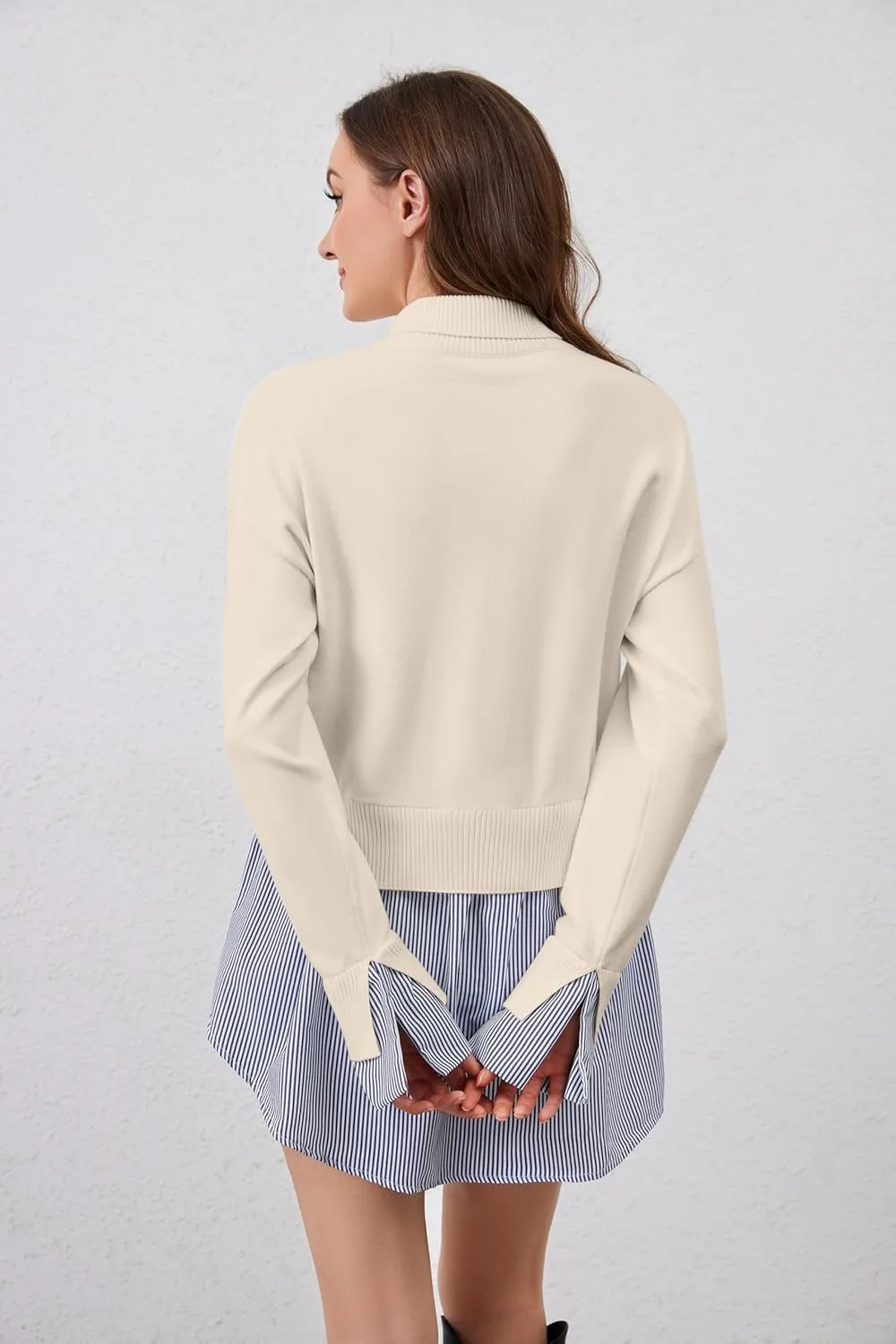 MISSACTIVER Women Slit Turtleneck Patchwork Sweater 2 in 1 Buttons Down Pullover Knit Sweater Asymmetrical Hem Shirt Top