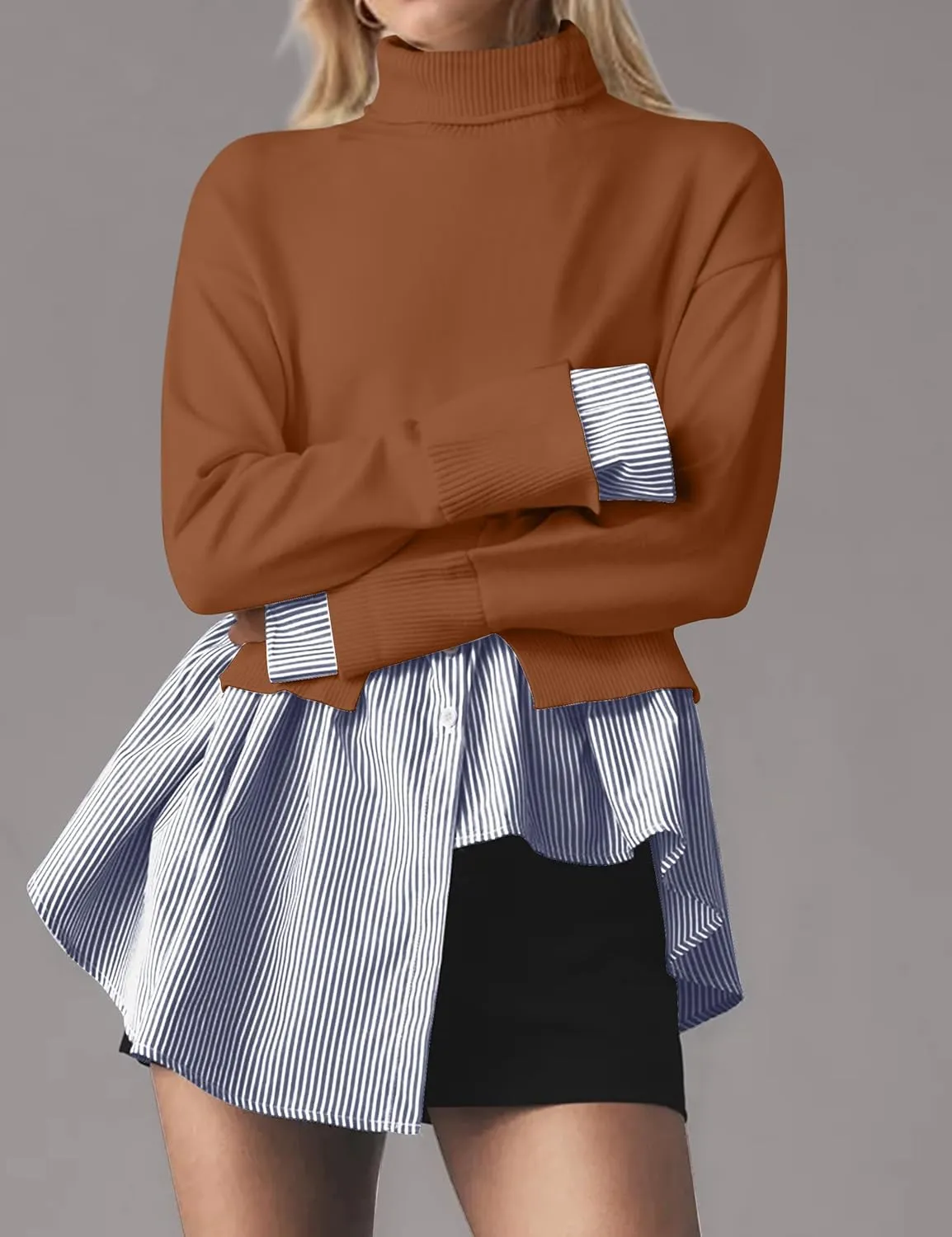 MISSACTIVER Women Slit Turtleneck Patchwork Sweater 2 in 1 Buttons Down Pullover Knit Sweater Asymmetrical Hem Shirt Top