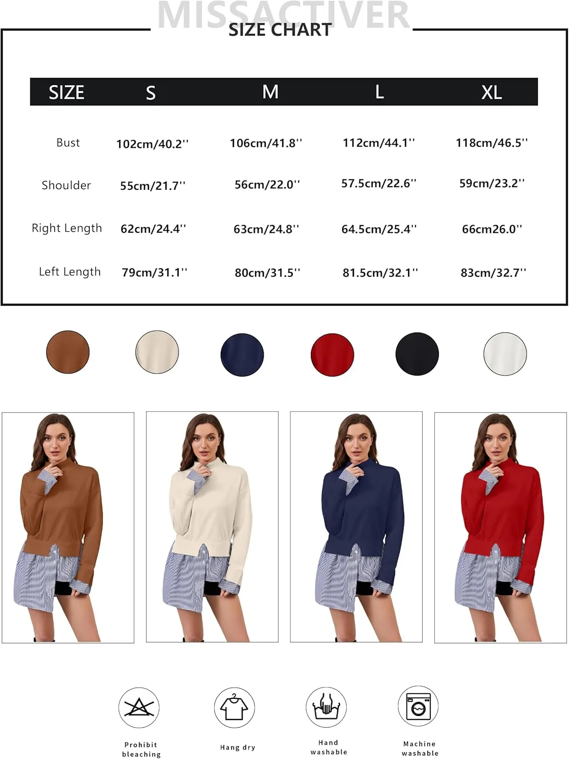 MISSACTIVER Women Slit Turtleneck Patchwork Sweater 2 in 1 Buttons Down Pullover Knit Sweater Asymmetrical Hem Shirt Top