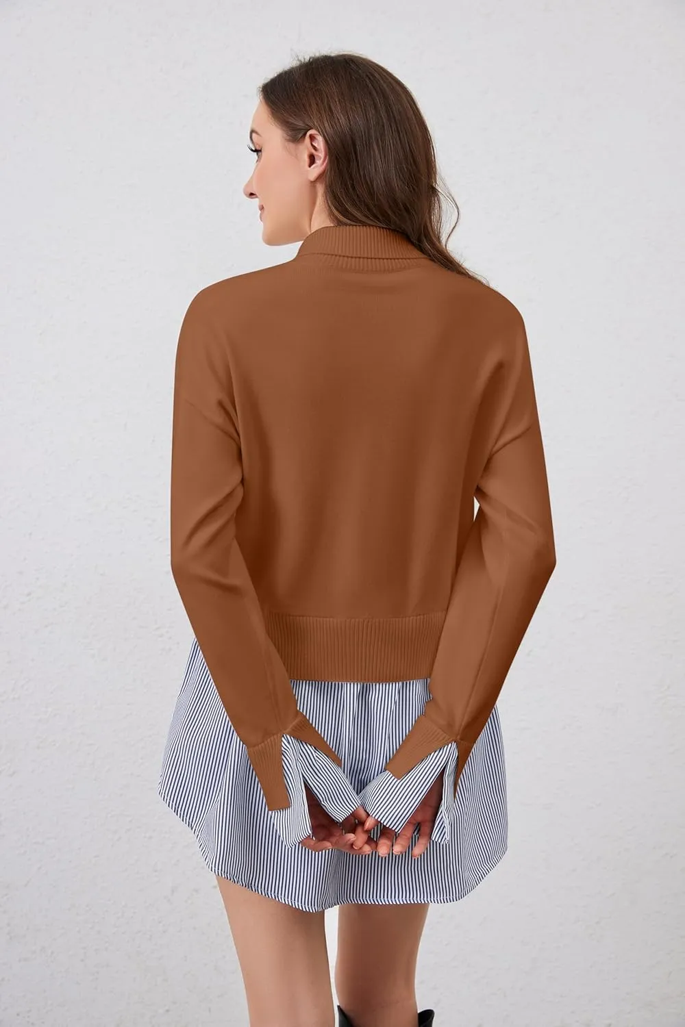 MISSACTIVER Women Slit Turtleneck Patchwork Sweater 2 in 1 Buttons Down Pullover Knit Sweater Asymmetrical Hem Shirt Top