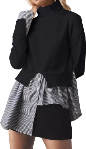MISSACTIVER Women Slit Turtleneck Patchwork Sweater 2 in 1 Buttons Down Pullover Knit Sweater Asymmetrical Hem Shirt Top