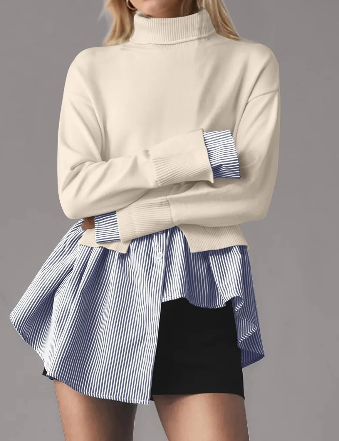 MISSACTIVER Women Slit Turtleneck Patchwork Sweater 2 in 1 Buttons Down Pullover Knit Sweater Asymmetrical Hem Shirt Top