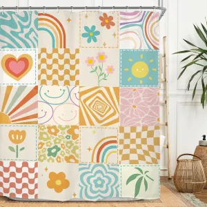 Miyotaa Preppy Retro 70s Cute Shower Curtain Set 60Wx71H Inches Patchwork Groovy Teen Girls Funky Trendy Hoppie Colorful Polyester Waterproof Bathroom Curtain with 12 Hooks
