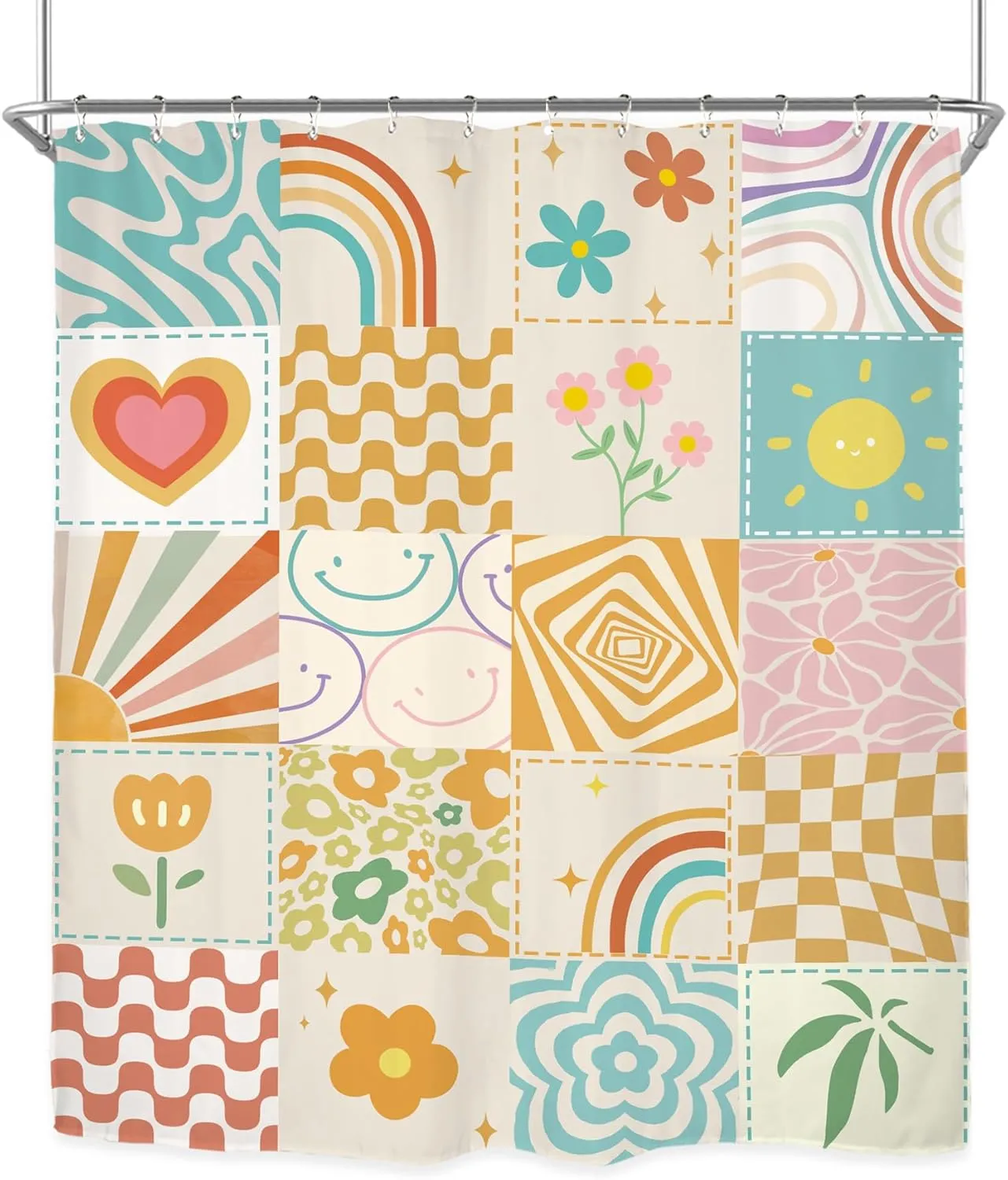 Miyotaa Preppy Retro 70s Cute Shower Curtain Set 60Wx71H Inches Patchwork Groovy Teen Girls Funky Trendy Hoppie Colorful Polyester Waterproof Bathroom Curtain with 12 Hooks