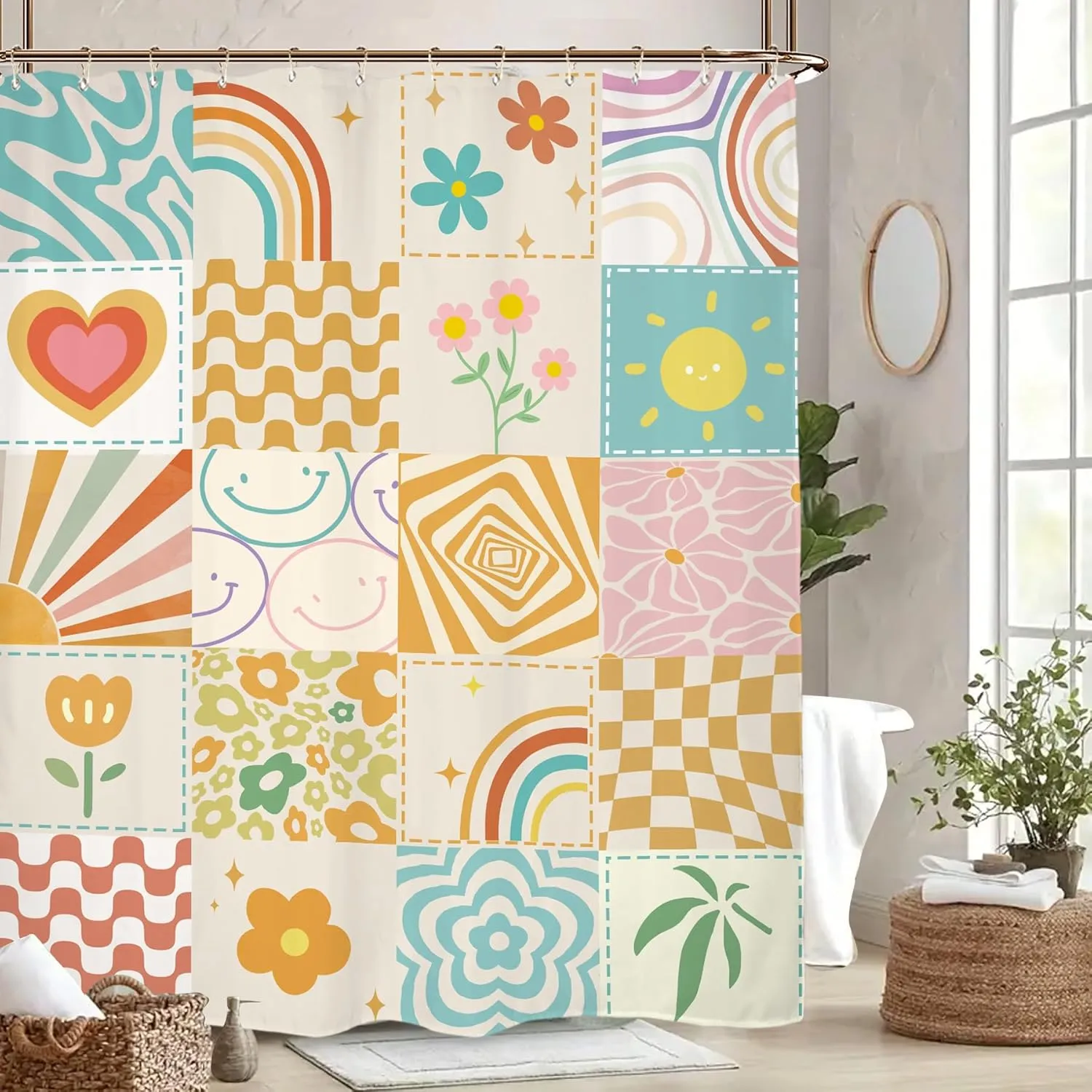 Miyotaa Preppy Retro 70s Cute Shower Curtain Set 60Wx71H Inches Patchwork Groovy Teen Girls Funky Trendy Hoppie Colorful Polyester Waterproof Bathroom Curtain with 12 Hooks