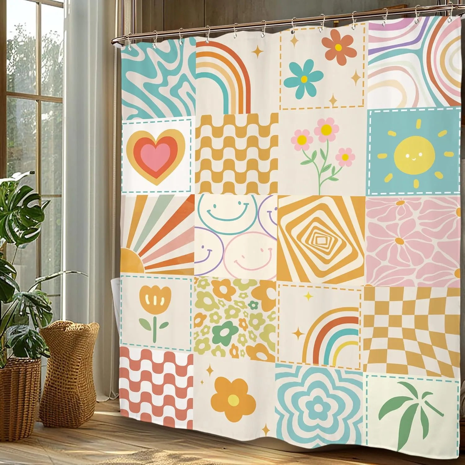 Miyotaa Preppy Retro 70s Cute Shower Curtain Set 60Wx71H Inches Patchwork Groovy Teen Girls Funky Trendy Hoppie Colorful Polyester Waterproof Bathroom Curtain with 12 Hooks