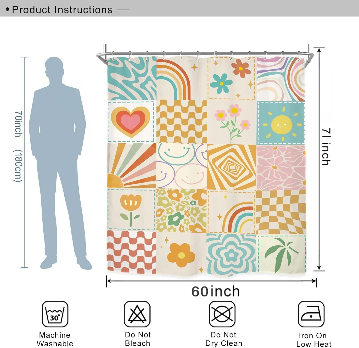 Miyotaa Preppy Retro 70s Cute Shower Curtain Set 60Wx71H Inches Patchwork Groovy Teen Girls Funky Trendy Hoppie Colorful Polyester Waterproof Bathroom Curtain with 12 Hooks