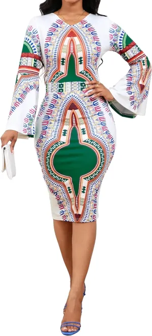MOJICK Women's African Tribal Print Pleated Dress Patchwork Wear to Work Bodycon Dresses