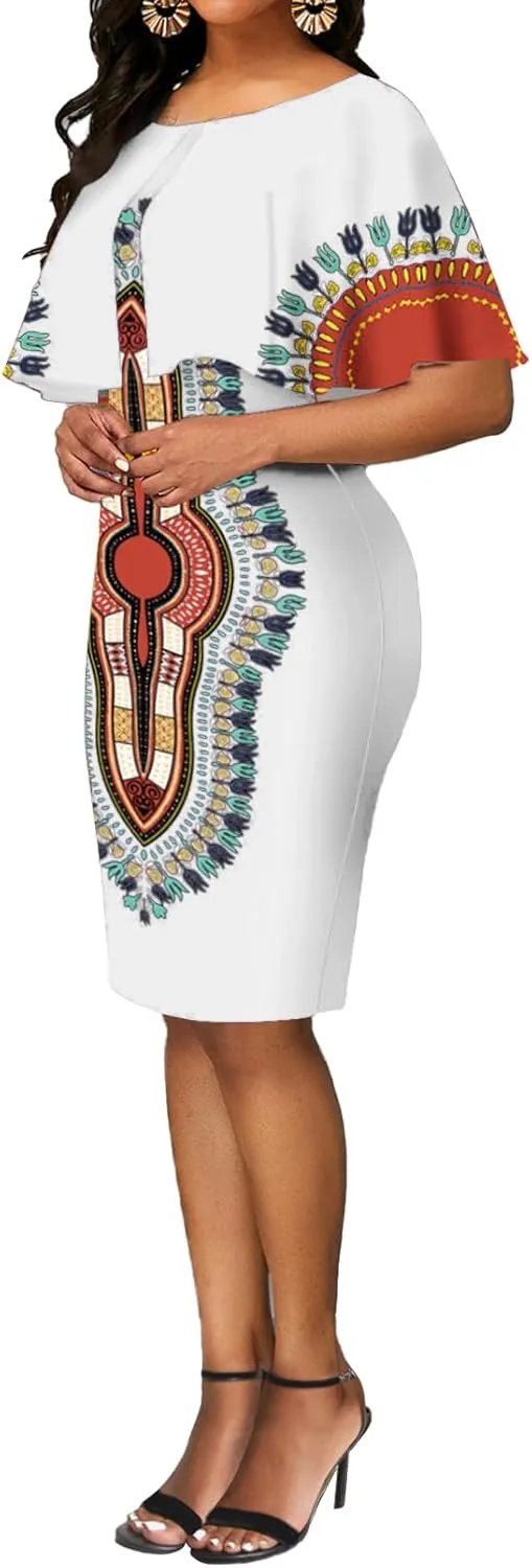 MOJICK Women's African Tribal Print Pleated Dress Patchwork Wear to Work Bodycon Dresses