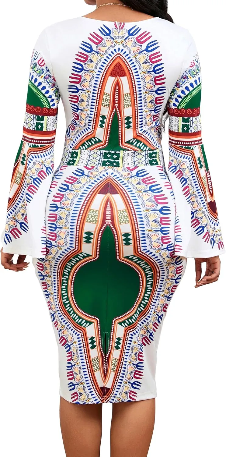 MOJICK Women's African Tribal Print Pleated Dress Patchwork Wear to Work Bodycon Dresses