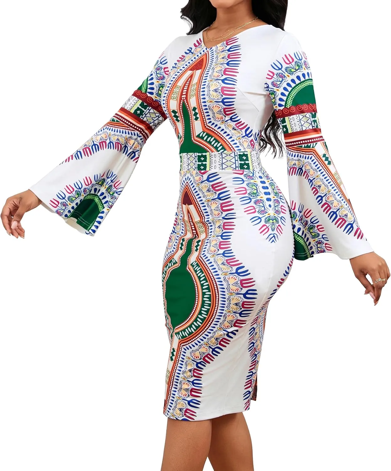 MOJICK Women's African Tribal Print Pleated Dress Patchwork Wear to Work Bodycon Dresses