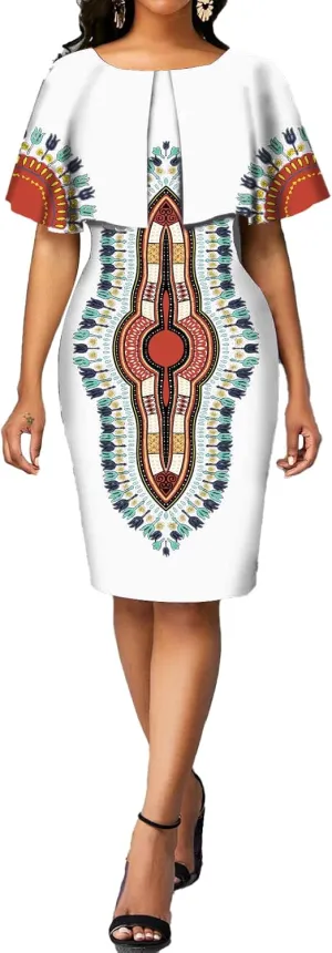 MOJICK Women's African Tribal Print Pleated Dress Patchwork Wear to Work Bodycon Dresses