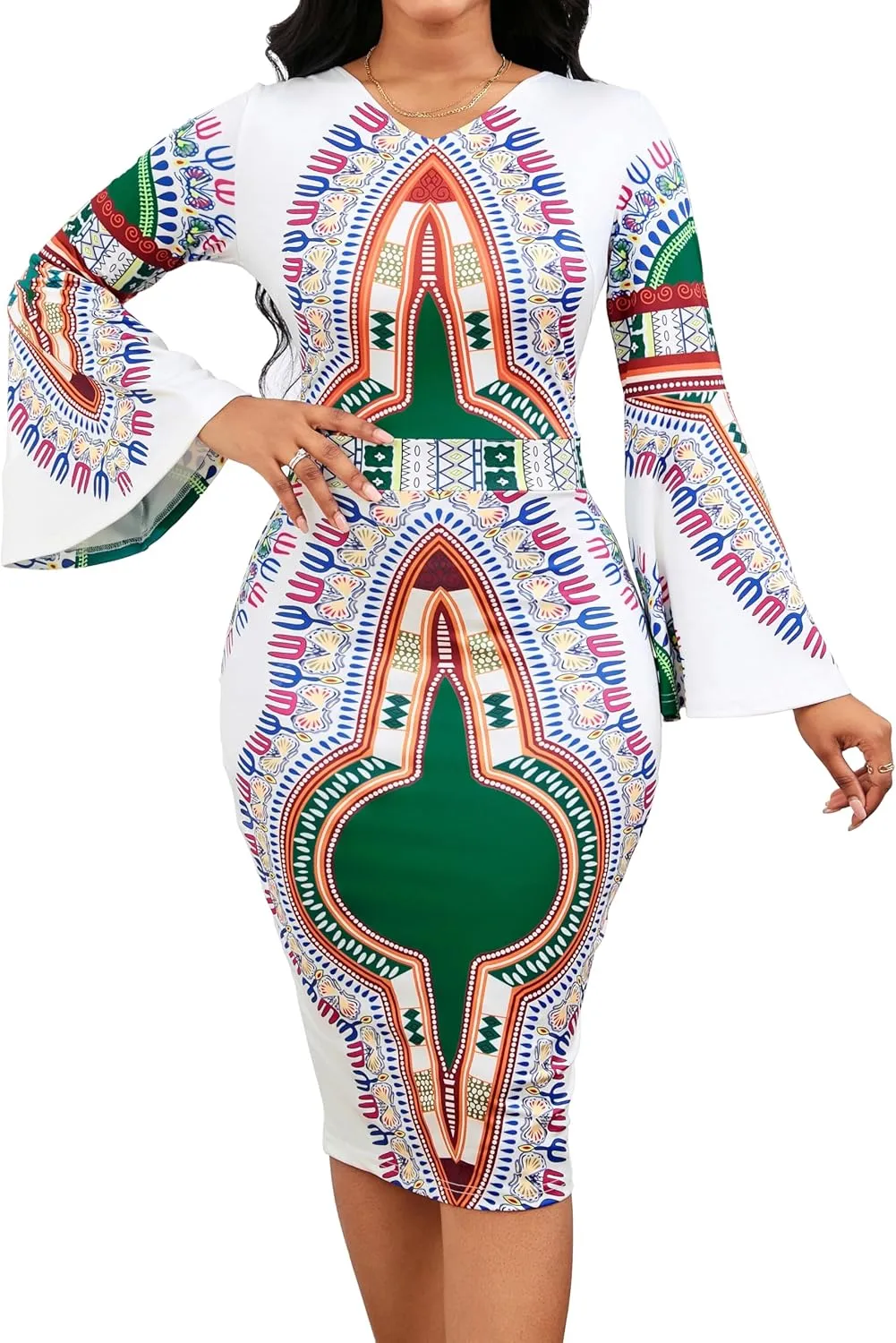 MOJICK Women's African Tribal Print Pleated Dress Patchwork Wear to Work Bodycon Dresses