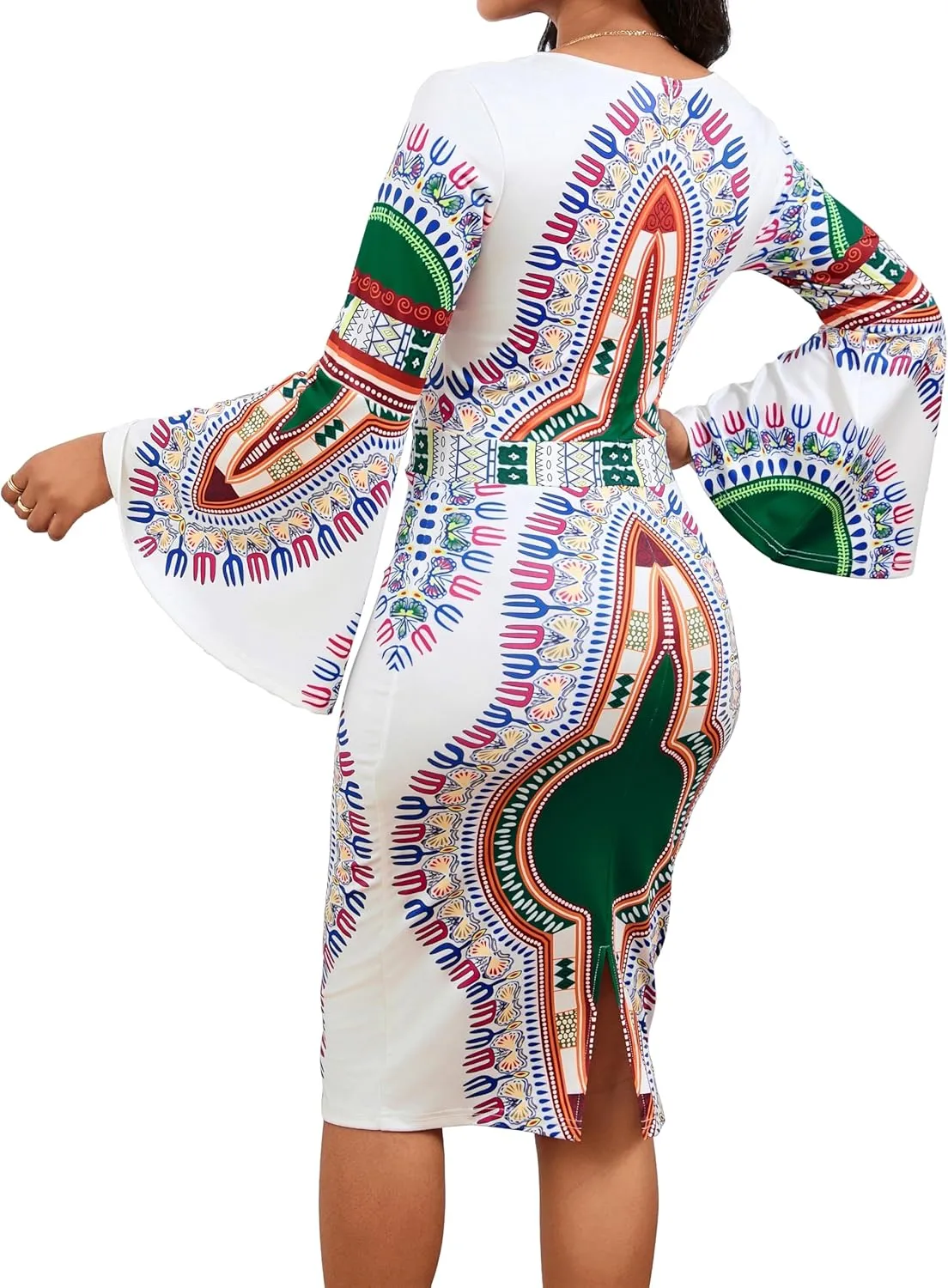 MOJICK Women's African Tribal Print Pleated Dress Patchwork Wear to Work Bodycon Dresses