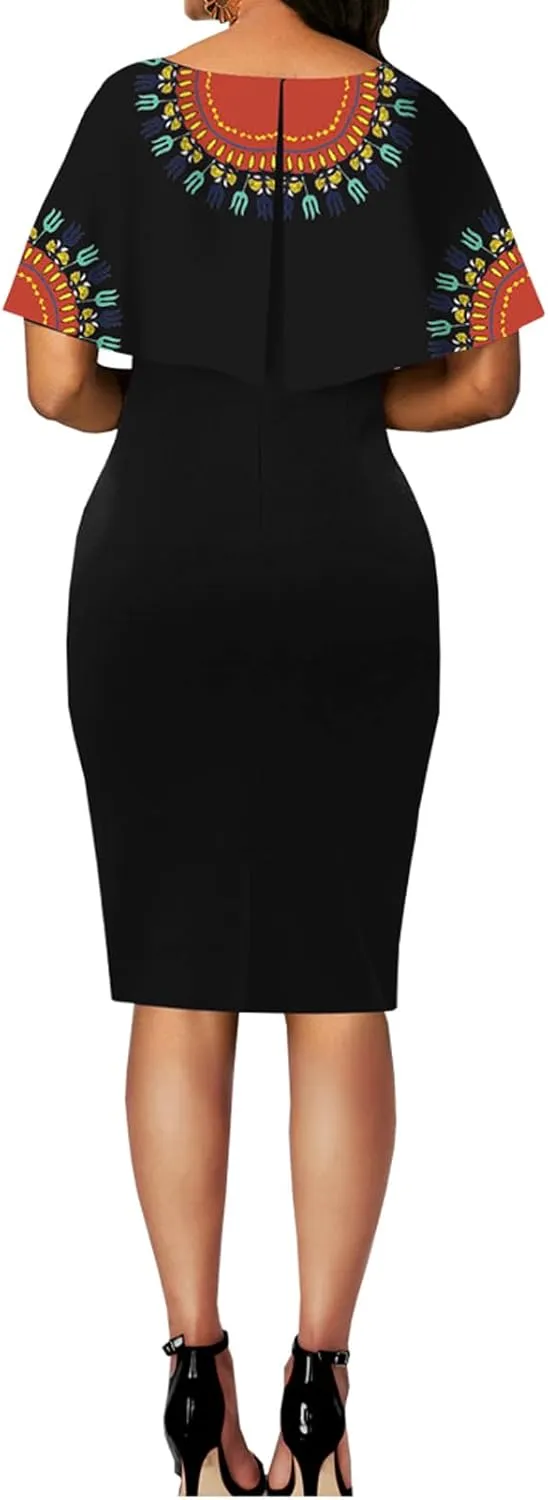 MOJICK Women's African Tribal Print Pleated Dress Patchwork Wear to Work Bodycon Dresses