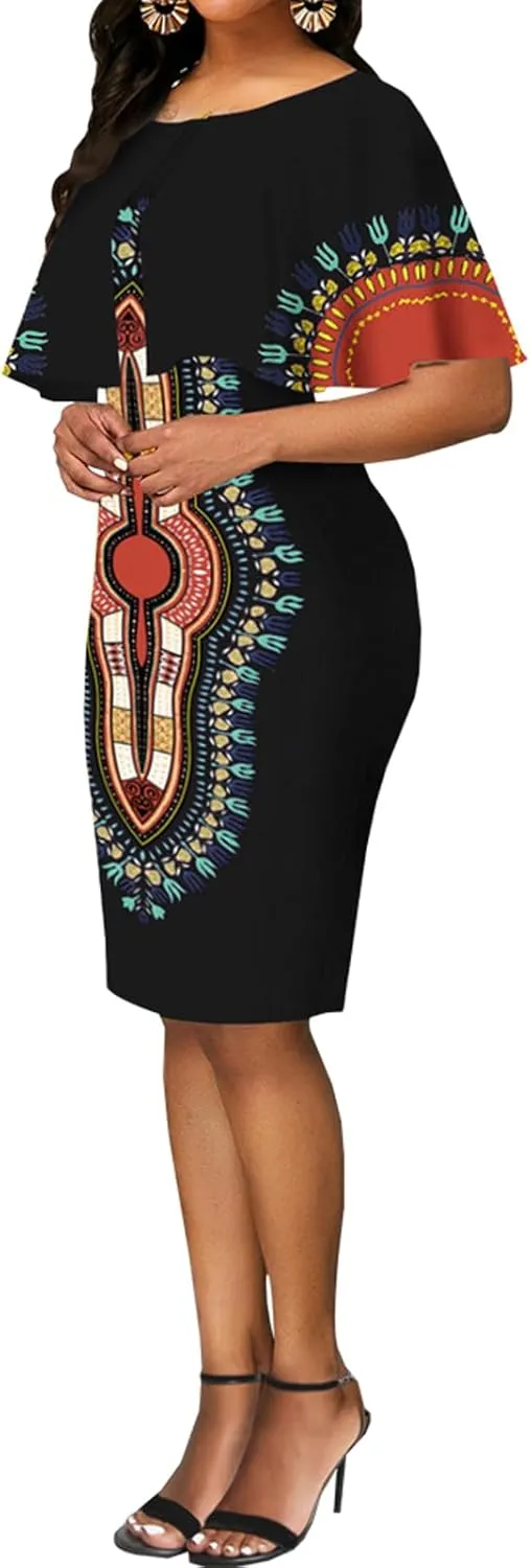 MOJICK Women's African Tribal Print Pleated Dress Patchwork Wear to Work Bodycon Dresses