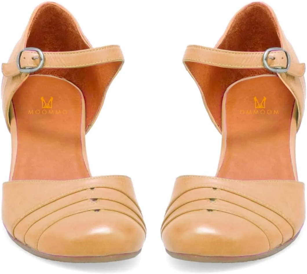 MOOMMO Women Vintage Low Chunky Heel Mary Jane Shoes Pumps Round Closed Toe Cut-out Dress Sandals Ankle Strap 2" Block Heels Mary Janes Dress Shoes Rainbow Patchwork Buckle Office Party Fall 4-11 M US