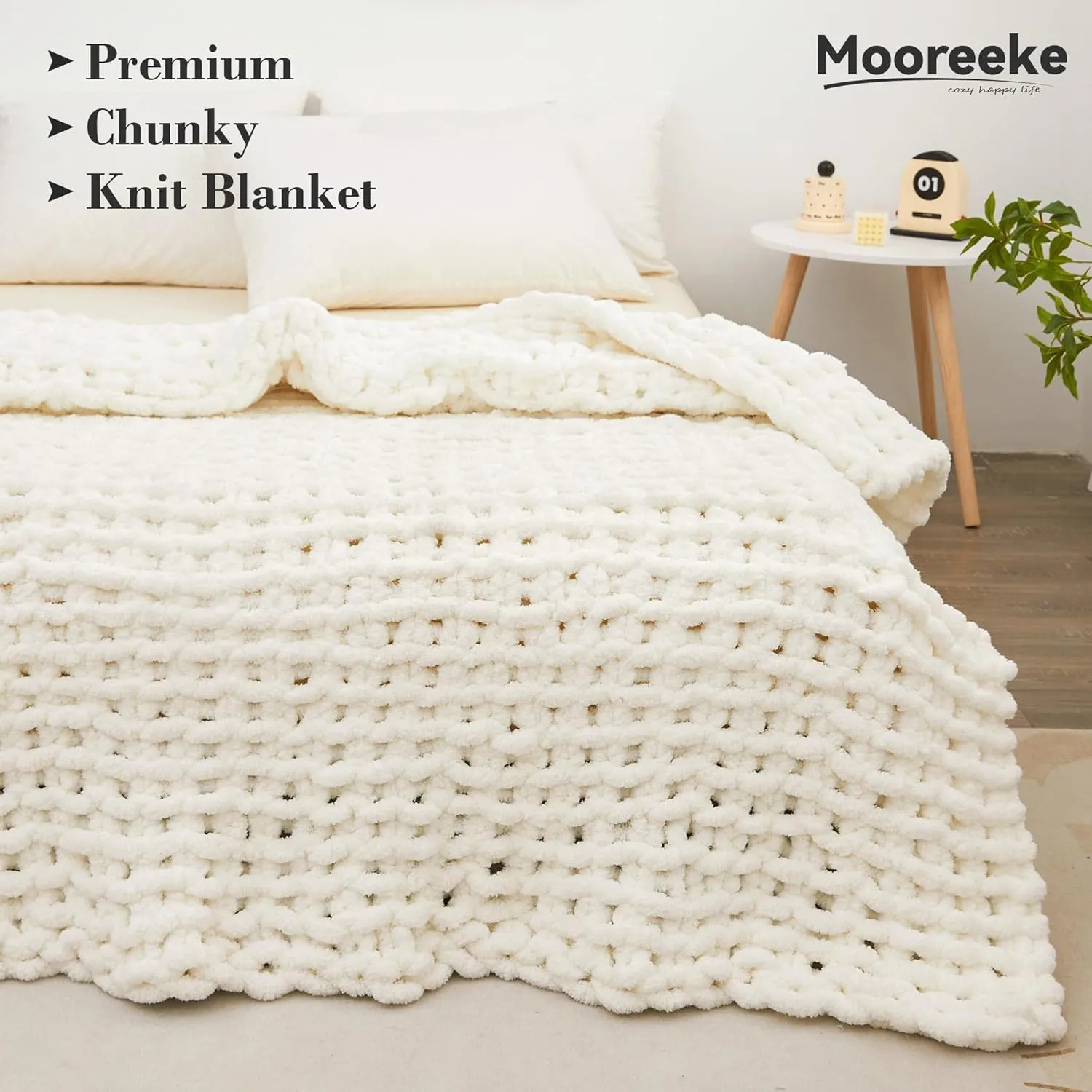 Mooreeke Chunky Knit Blanket 50"x60" White Cream Soft Washable Chenille Throw Blanket Cozy 100% Handmade Crochet Blankets with Jumbo Chenille Yarn for Couch Bed Sofa Room Decor