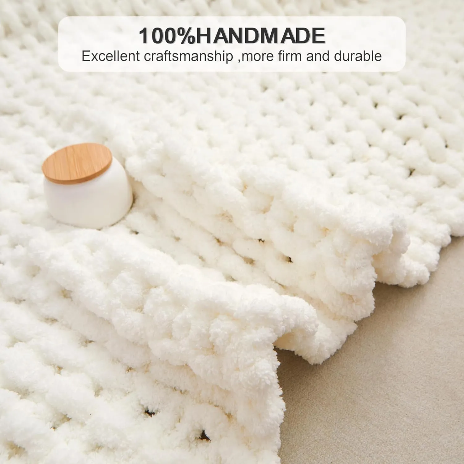 Mooreeke Chunky Knit Blanket 50"x60" White Cream Soft Washable Chenille Throw Blanket Cozy 100% Handmade Crochet Blankets with Jumbo Chenille Yarn for Couch Bed Sofa Room Decor