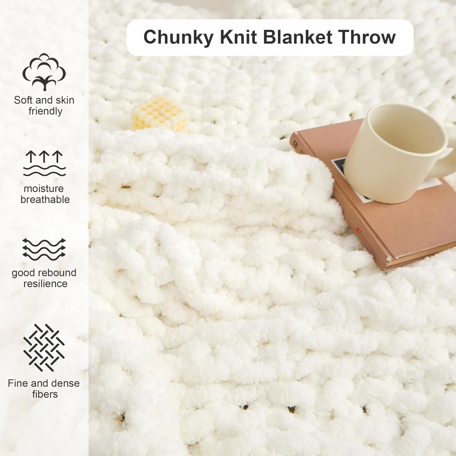Mooreeke Chunky Knit Blanket 50"x60" White Cream Soft Washable Chenille Throw Blanket Cozy 100% Handmade Crochet Blankets with Jumbo Chenille Yarn for Couch Bed Sofa Room Decor